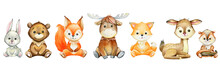Moose, Hare, Squirrel, Fox, Deer, Badger, Bear, Cartoon Style, On A White Background. Watercolor, Set Of Forest Animals.