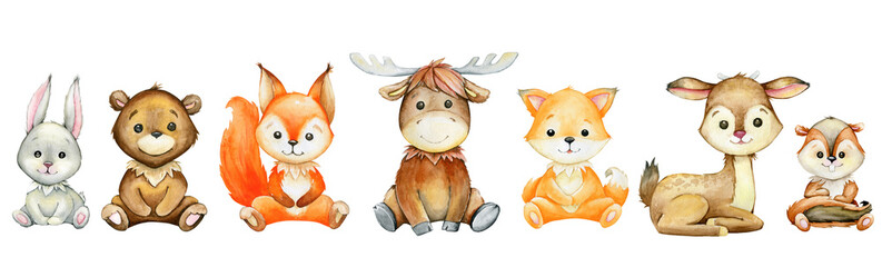 Moose, hare, squirrel, Fox, deer, badger, bear, cartoon style, on a white background. watercolor, set of forest animals.