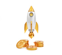 Bitcoin Coins Stacked With Rocket Launch Isolated On White Background, Cryptocurrency Concept. 3d Rendering