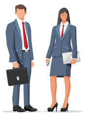 Businesswoman and businesswoman in grey suit isolated on white. Business woman with laptop, man with briefcase. Office employee or worker, manager, sales, bank clerk. Flat cartoon vector illustration