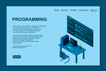 Fototapete - Programming or Software development web page template. Vector illustration with laptop isometric view and program code on screen. Programming concept. vector illustration