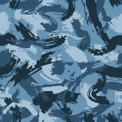 Urban camouflage, modern fashion design. Grunge texture with dry brush strokes for plaid, cloth, shirt. Blue sea shade color, fashionable, fabric. Vector seamless camo pattern.