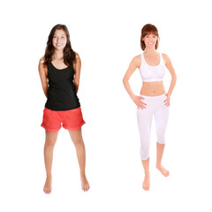 Two young slim women wearing sportswear, full length portraits isolated in front of white studio background