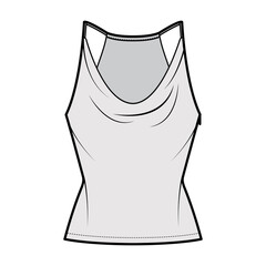Sticker - Tank low cowl Camisole technical fashion illustration with thin adjustable straps, slim fit, tunic length. Flat apparel outwear top template front, grey color. Women men unisex CAD mockup