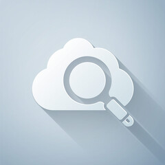 Poster - Paper cut Search cloud computing icon isolated on grey background. Magnifying glass and cloud. Paper art style. Vector.