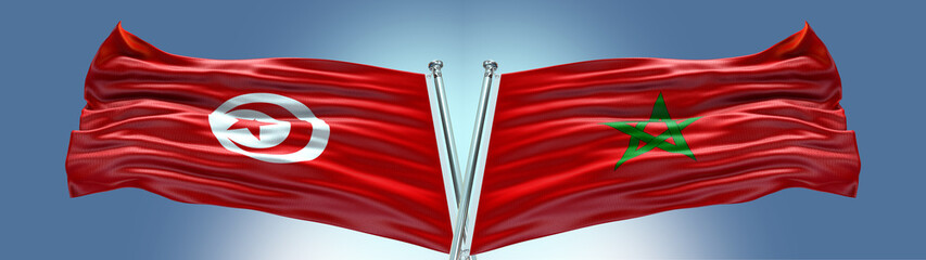 Double Flag Morocco vs Tunisia flag waving flag with texture background