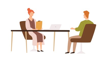 Aufkleber - Female HR manager having job interview with male applicant vector flat illustration. Recruit and employer talking in office isolated on white. Head hunting, recruitment and candidate choice