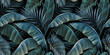 © alenarbuz - Tropical exotic seamless pattern with dark blue vintage banana leaves, palm leaves and colocasia. Hand-drawn 3D illustration. Good for production wallpapers, cloth, fabric printing, goods.