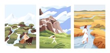 People Walk In Wild Nature Alone. Man And Woman Against The Beautiful Landscapes Vector Flat Illustrations. Scenic Mountain And River View With Characters. Concept Of Freedom, Choice, Finding Your Way