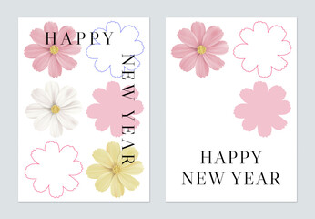 Wall Mural - New Year greeting template design, blossom cosmos flowers on white