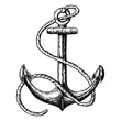 Vintage hand drawn anchor isolated on white background, pen and ink line etching. Vector illustration.