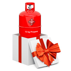 Poster - propane gas cylinder inside gift box, present concept. 3d rendering