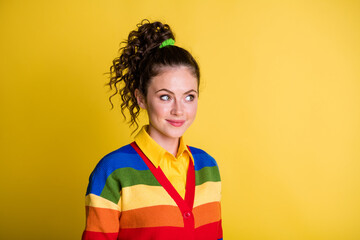 Sticker - Photo of lovely shy lady look ashamed side empty space tricky wear rainbow sweater isolated yellow color background