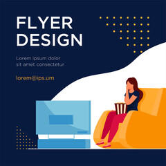 Sticker - Woman watching movie or show in TV. Pop corn, living room, sitting in armchair flat vector illustration. Leisure time, entertainment at home concept for banner, website design or landing web page