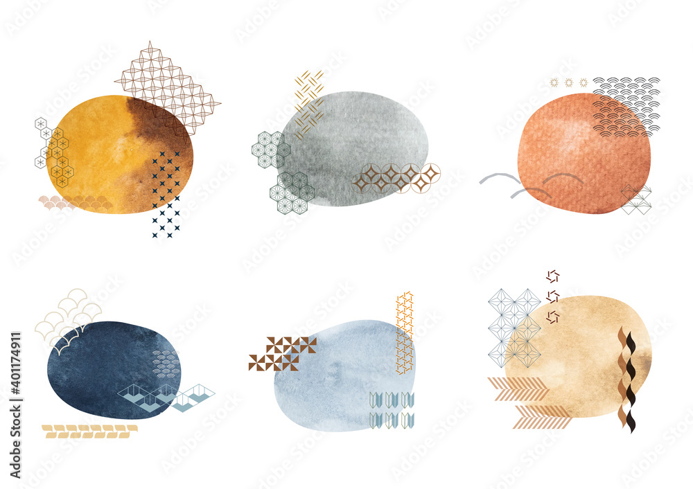 Set of brush stroke elements vector. Asian icons with Japanese pattern. Abstract banners with flowing liquid shapes. Template for logo design with watercolor texture decoration. - obrazy, fototapety, plakaty 