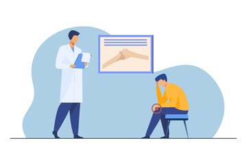 Wall Mural - Male patient consulting doctor about joint pain. Young man, knee trauma, arthritis flat vector illustration. Examination, treatment, medical help concept for banner, website design or landing web page