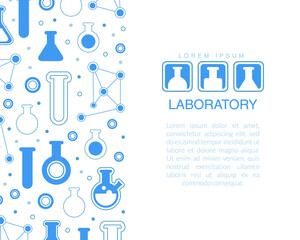 Poster - Laboratory Banner Template with Space for Text, Pharmacy, Chemistry Science, Medicine Poster, Card, Brochure Design with Lab Equipment Seamless Pattern Vector Illustration