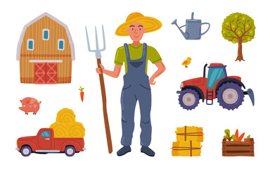 Poster - Male Farmer and Agricultural Objects Collection, Farmhouse, Tractor, Gardening Tools, Agriculture and Farming Concept Cartoon Style Vector Illustration