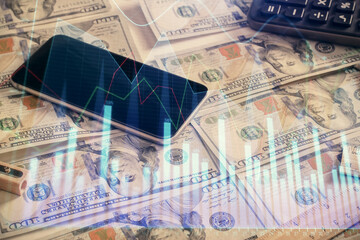 Double exposure of forex graph drawing over us dollars bill background. Concept of financial markets.