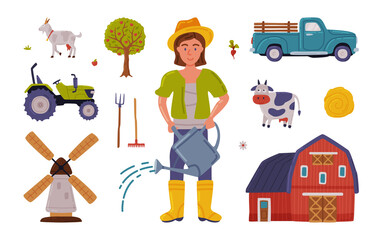 Canvas Print - Female Farmer and Agricultural Objects Collection, Farmhouse, Mill, Tractor, Gardening Tools, Agriculture and Farming Concept Cartoon Style Vector Illustration