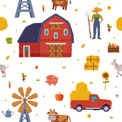 Sticker - Farm Building and Agricultural Objects Seamless Pattern, Agriculture, Gardening and Farming Background, Textile, Packaging, Wallpaper Design Vector Illustration