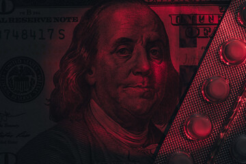Poster - Pills or drugs and dollars cash money in a package under neon light on a dark background pattern for design..