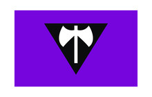 Vector Illustration Of Flat Labrys Lesbian Pride Flag On White Background: Lavender Flag With A Black Triangle And Double-sided White Hatchet Inside It. Lesbian Community Symbol.