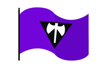 Vector Illustration Of Waved Labrys Lesbian Pride Flag On White Background: Lavender Flag With A Black Triangle And Double-sided White Hatchet Inside It. Lesbian Community Symbol.