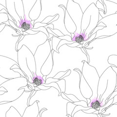 Wall Mural - Seamless pattern with magnolia. Hand drawn floral background. Artwork for textiles, fabrics, souvenirs, packaging and greeting cards.