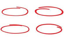 Red Circle, Pen Draw Set. Highlight Hand Drawn Circle Isolated On Background. Handwritten Red Circle. For Marker Pen, Pencil, Logo And Text Check. Circle Vector Illustration