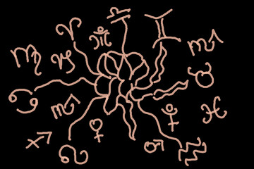 Wall Mural - Astrological symbols in beige on a black background
