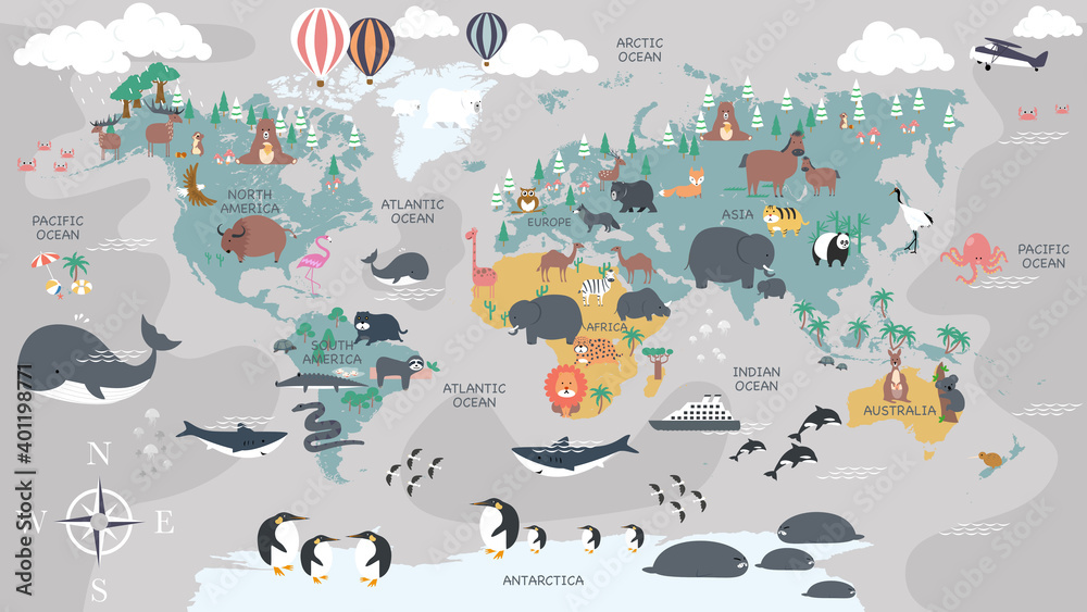 The world map with cartoon animals for kids, nature, discovery and continent name, ocean name, countries name. vector Illustration. - obrazy, fototapety, plakaty 