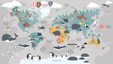 Fototapeta Mapy - The world map with cartoon animals for kids, nature, discovery and continent name, ocean name, countries name. vector Illustration.