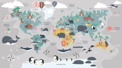 the world map with cartoon animals for kids, nature, discovery and continent name, ocean name, count