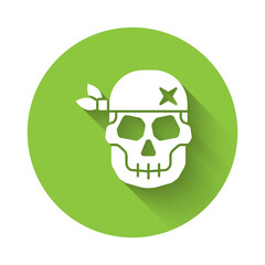 Poster - White Skull icon isolated with long shadow. Happy Halloween party. Green circle button. Vector.