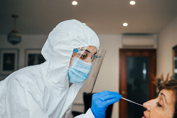 Wall Mural - Close up of female health Professional in PPE, face mask and shield, introducing a nasal swab to a senior female patient on a home visit. Rapid Antigen Test kit to analyze Covid-19.