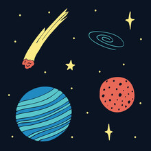Two Planets, A Striped Gas Giant, Blue, The Second Red With Dotted Relief. View From Space, Yellow Stars, Flying Comet And Galaxy. Colored Illustration On A Dark Background.Doodle.