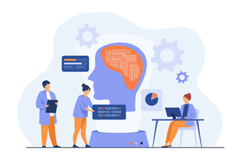 Aufkleber - Scientists studying neural connections. Programmers writing codes for machine brain. Vector illustration for artificial intelligence, machine learning, data science concepts
