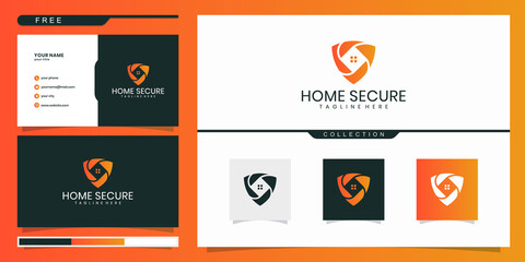 Home security logo with shield and house in gradient colors. logo design and business card