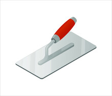 Isometric Plastering Trowel Isolated On White Background. Colorful Trowel Vector Icon For Web Design. Four-sided Stucco Trowel With Red Plastic Handle. Construction Tool. Vector Illustration. 3D.