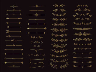 Wall Mural - cute hand drawn gold flower ornament text dividers, arrows and laurel design elements. vector illust