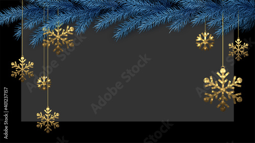 Fototapeta Blue spruce branches with golden snowflakes.
