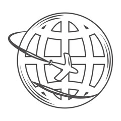 Sticker - globe map plane flying around world thin line design icon