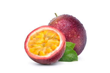 Wall Mural - purple passion fruit (passiflora edulis) with cut in half and green leaf isolated on white backgroun