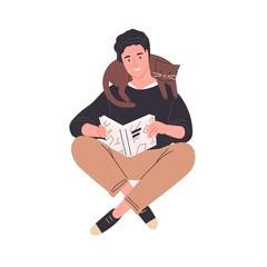 Happy young man reading book sitting with his legs crossed. Cute guy with cat over neck isolated on white background. Male reader enjoying literature or preparing for exam. Flat vector illustration.