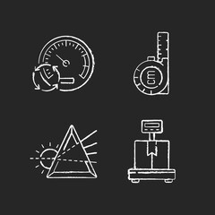 Sticker - Measuring tools chalk white icons set on black background. Pressure gauge. Retractable flexible rule. Prisma. Industrial scales. Water, air, blood pressure. Isolated vector chalkboard illustrations