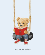 Cute Bear Doll Reading A Book On Tire Swing Illustration