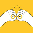 Hand gesture symbolizing binoculars, magnification, looking into the distance, point of view. Flat line vector illustration on yellow.