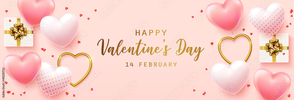 Happy Valentine's Day with calligraphy text. Horizontal banner for the website. Romantic background with realistic design elements, gift box, metal hearts, balloons in the shape of heart - obrazy, fototapety, plakaty 