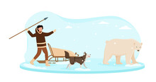 Eskimo Wearing Traditional Clothes Hunting On White Bear With A Spare. Alaska Man Sneaking Behind Bear Trying To Throw A Spare. Flat Cartoon Vector Illustration